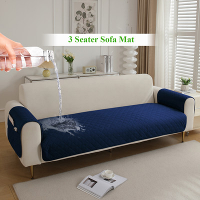 HOKiPO Polyester 3 Seater Sofa Plain Cover(Pack of 1 Sofa Seat Mat for 3 Seater Sofa with 2 Armrest Covers with Pockets, Navy Blue)