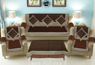 JAYVAAM Velvet, Jacquard, Chenille Polka, Striped Sofa Cover(Brown Pack of 18)