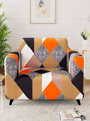 Story@home Polyester Abstract 1 Seater Sofa Cover(Orange, Beige Pack of 1)