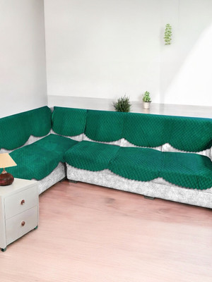 Bigger fish Velvet Checkered 3+3 Seater L-Shape Sofa Cover(Green New Pack of 14)