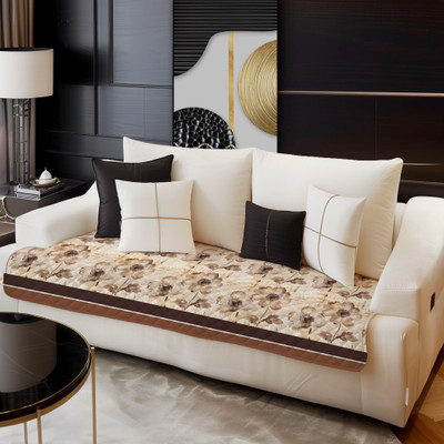 DECORIAN Velvet Geometric 3 Seater Sofa Cover(Brown Flower Stripes Pack of 1)