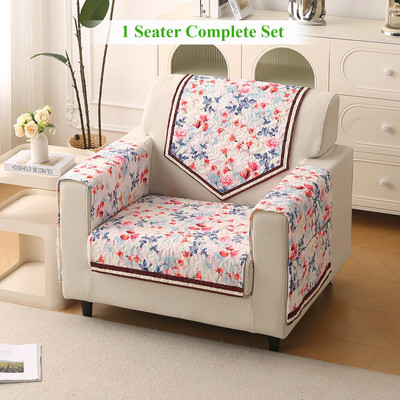 HOKiPO Velvet 1 Seater Sofa Floral Cover(Pack of 1 Scarlet Rose Ivory)