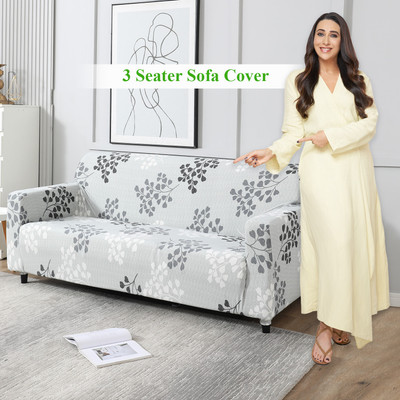 HOKiPO Polyester 3 Seater Sofa Floral Cover(Pack of 1 Grey Leaves)