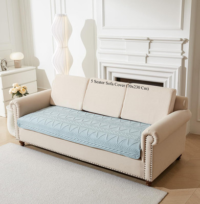 HOUSE OF QUIRK Velvet 4 Seater Sofa Striped Cover(Pack of 1 Sky Blue)