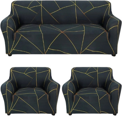 tansh Polyester 3+1+1 Seater Sofa Geometric Cover(Pack of 3 Black)