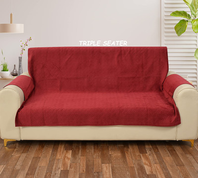 HOUSE OF QUIRK Velvet 3 Seater Sofa Checkered Cover(Pack of 1 Maroon)