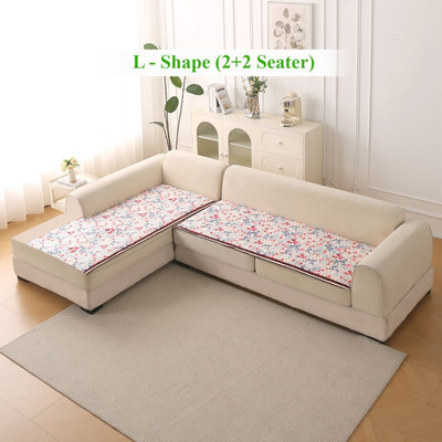 HOKiPO Velvet 2+2 Seater L-Shape Sofa Floral Cover(Pack of 2 Scarlet Rose Ivory)