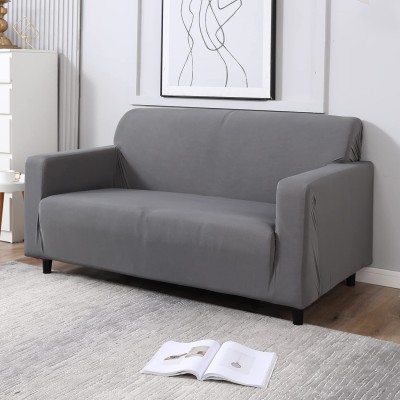 Stuff N' Fluff Polyester Plain Sofa Cover(Grey Plain Non Slip Elastic Stretchable Sofa Cover 2 Seater Pack of 1)
