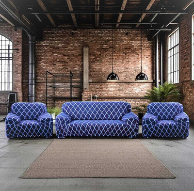 ADstore Polyester Checkered 3+1+1 Seater Sofa Cover(Blue Pack of 1)