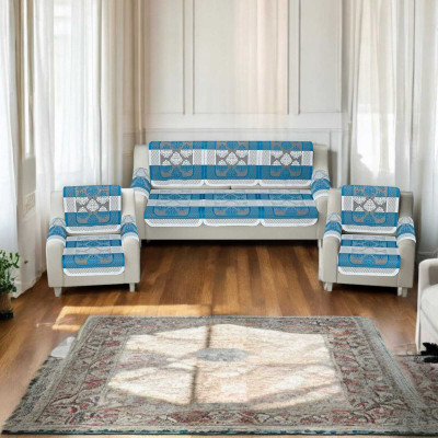 Pinkleaf Polyester Abstract 3+1+1 Seater Sofa Cover(Blue Pack of 1)