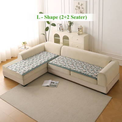 HOKiPO Velvet 2+2 Seater L-Shape Sofa Floral Cover(Pack of 2 Magnolia Green)