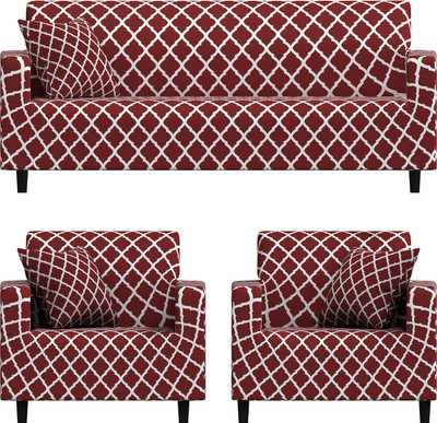 B BESTILO Polyester Checkered 3+1+1 Seater Sofa Cover(Burgundy Pack of 1)
