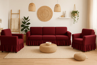 DECORWELL Polyester Plain 3+1+1 Seater Sofa Cover(Red Pack of 3)
