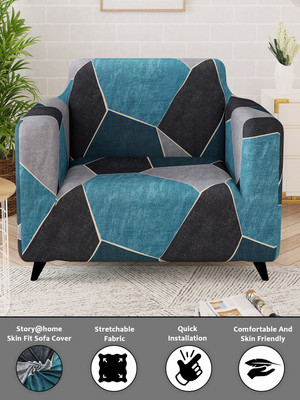 Story@home Polyester Abstract 1 Seater Sofa Cover(Blue, Black Pack of 1)