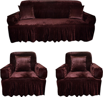 Leoaries Velvet Plain 3+1+1 Seater Sofa Cover(Brown Pack of 3)