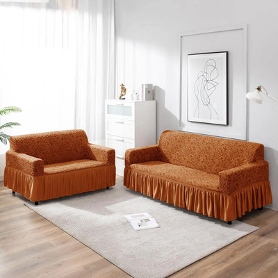 HOKiPO Jacquard 3+2 Seater Sofa Floral Cover(Pack of 2 Caramel Brown)