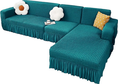 Cortina Polyester Polka 3+3 Seater L-Shape Sofa Cover(Blue Pack of 1)