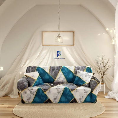 shringoori creations Polyester 3 Seater Sofa Geometric Cover(Pack of 1 Blue)