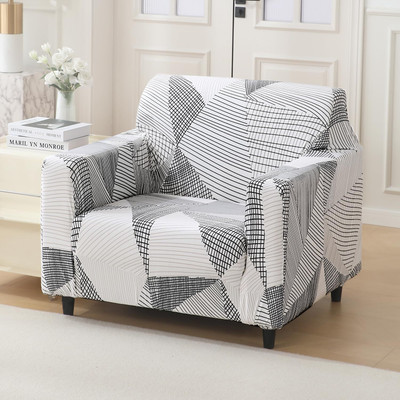 HOKiPO Polyester Geometric 1 Seater Sofa Cover(Stretchable Sofa Cover for 1 Seater Sofa, Snow White Black Geometry Pack of 1)