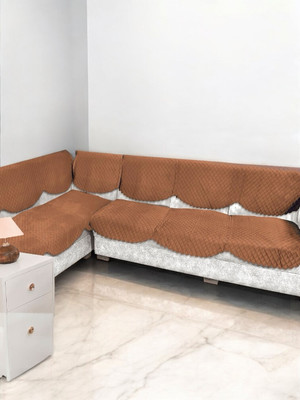 Bigger fish Velvet 6 Seater Sofa Checkered Cover(Pack of 12 Gold & Brown)