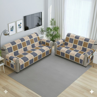 fabrigaanza Velvet, Polycotton 3+2 Seater Sofa Checkered Cover(Pack of 2 Brown-Check)