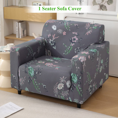 HOKiPO Polyester 1 Seater Sofa Floral Cover(Pack of 1 Bentonite Grey Budding Florals)
