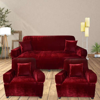 Lakhdata Velvet Plain 3+1+1 Seater Sofa Cover(Red Pack of 3)