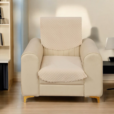 Bigger fish Velvet Checkered 1 Seater Sofa Cover(Cream Pack of 2)