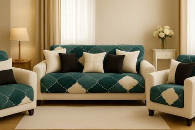 Dsons Velvet Checkered 3+1+1 Seater Sofa Cover(GREY Pack of 6)