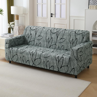 HOKiPO Polyester 3 Seater Sofa Floral Cover(Pack of 1 Intense Grey Abstract Floral)