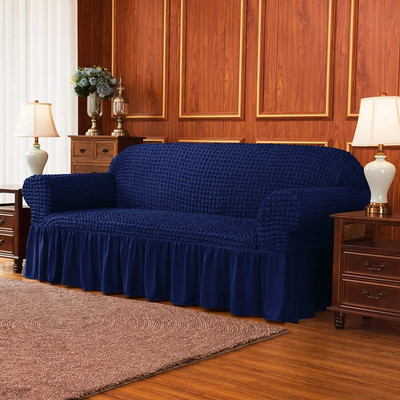 lukzer Polyester Checkered 3 Seater Sofa Cover(Navy Blue Pack of 1)