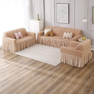 A CUBE LUXURY SOLUTIONS Polyester Geometric 3+1+1 Seater Sofa Cover(Beige Pack of 3)