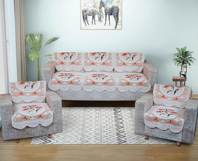 R2H2 Polyester Floral 3+2 Seater Sofa Cover(Brown Pack of 5)