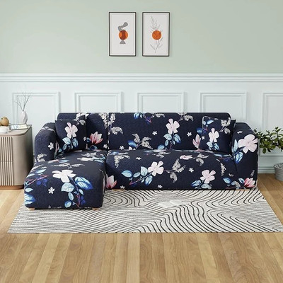 TONY STARK Polycotton Floral 3+3 Seater L-Shape Sofa Cover(Blue Lotus Pack of 1)