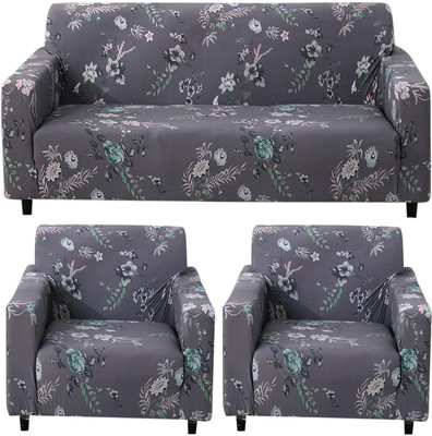 HOKiPO Polyester 3+1+1 Seater Sofa Floral Cover(Pack of 3 Bentonite Grey Budding Florals)