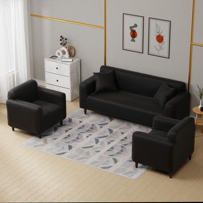 lukzer Polyester Striped 3+1+1 Seater Sofa Cover(Plain Black Pack of 1)
