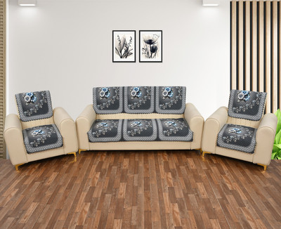 Pinkleaf Velvet 3+1+1 Seater Sofa Floral Cover(Pack of 6 Grey)