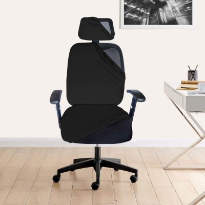 HOTKEI Polycotton Plain Chair Cover(Black 2 Pcs Office Chair Cover with Headrest Protector Seat Chair Cover Pack of 1)