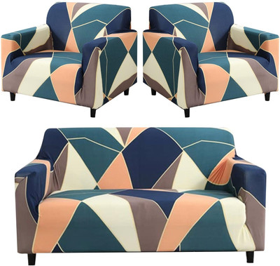 TURIYA Polyester, Polycotton 3+1+1 Seater Sofa Abstract Cover(Pack of 1 Green, Peach)