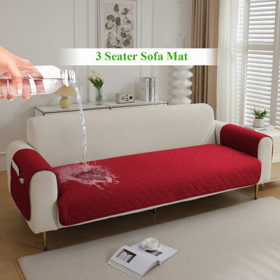 HOKiPO Polyester Plain 3 Seater Sofa Cover(Sofa Seat Mat for 3 Seater Sofa with 2 Armrest Covers with Pockets, Red Pack of 1)
