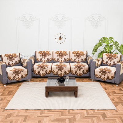 KUBER INDUSTRIES Cotton 3+2 Seater Sofa Geometric Cover(Pack of 16 Cream & Brown)
