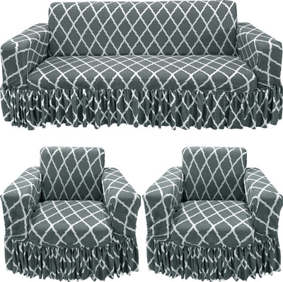 Gifts Island Polyester Geometric 3+1+1 Seater Sofa Cover(Grey Diamond Non-Slip Stretchable Elastic 360° Frill Sofa Cover (3+1+1 Seater) Pack of 3)
