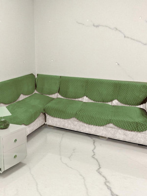 Bigger fish Velvet Checkered 6 Seater Sofa Cover(Mehandi Green Pack of 12)