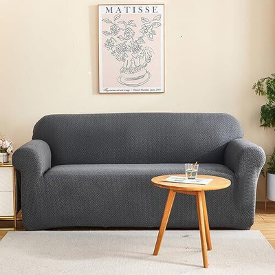 HOME BEAUTIFIER Polyester Striped 3 Seater Sofa Cover(Grey Pack of 1)