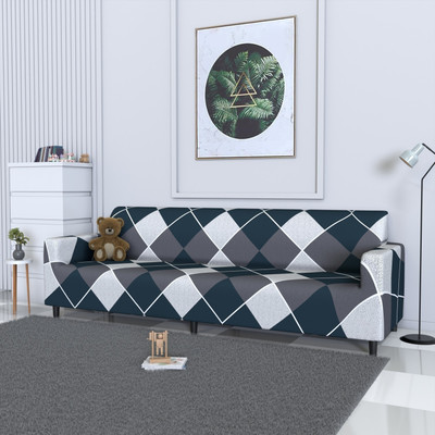 B BESTILO Polyester Checkered 4 Seater Sofa Cover(BLU RHO Pack of 1)