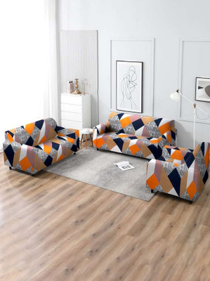 Lakhdata Polyester Abstract 3+1+1 Seater Sofa Cover(Orange Pack of 3)