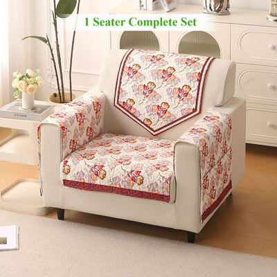 HOKiPO Velvet 1 Seater Sofa Floral Cover(Pack of 4 Autumn Cream)