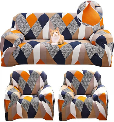 papsun Polyester Geometric 3+1+1 Seater Sofa Cover(Orange Pack of 1)