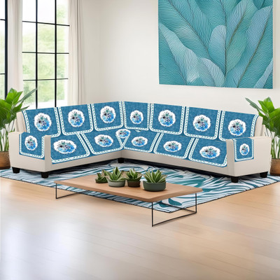 Shailya Velvet Floral 3+3 Seater L-Shape Sofa Cover(Blue Pack of 1)