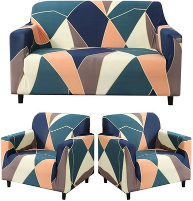 KriShyam Polyester Geometric 3+1+1 Seater Sofa Cover(Green Peach Geometric Pack of 1)